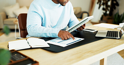 Buy stock photo Tablet, paperwork and hands of man in home for finance review, budget planning and remote work. WFH, accounting and person with documents, tech and research for financial report, proposal and audit