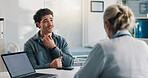 Man, doctor and patient with sore throat for consultation, medical advice or help in hospital. Male person, client or explaining symptoms with healthcare worker for swollen lymph nodes in clinic