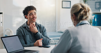 Buy stock photo Man, doctor and patient with sore throat for consultation, medical advice or help in hospital. Male person, client or explaining symptoms with healthcare worker for swollen lymph nodes in clinic