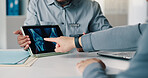 Doctor, hands and tablet screen with x ray in consultation, healthcare diagnosis or review results. Tech, people and patient with knee, radiology scan and point with medical assessment in clinic