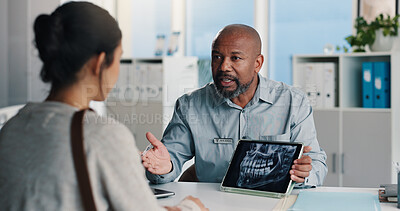 Buy stock photo Dentist, patient and tablet screen with x ray, healthcare or cavity detection for teeth care. Tech, people and dental scan for radiology results, medical consultation and orthodontics in hospital