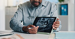 Dentist, hands and tablet screen with teeth x ray, healthcare or cavity detection for diagnosis. Tech, man and dental scan  for radiology results, medical consultation and orthodontics in hospital