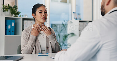 Buy stock photo Doctor, woman and consultation with sore throat for healthcare symptoms, advice or diagnosis. ENT, medical worker and help patient with neck pain, illness evaluation and assessment in hospital