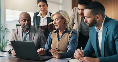 Buy stock photo Laptop, group and business people in discussion, financial evaluation and risk assessment in office. Team, computer and collaboration with investment planning, problem solving or project notes