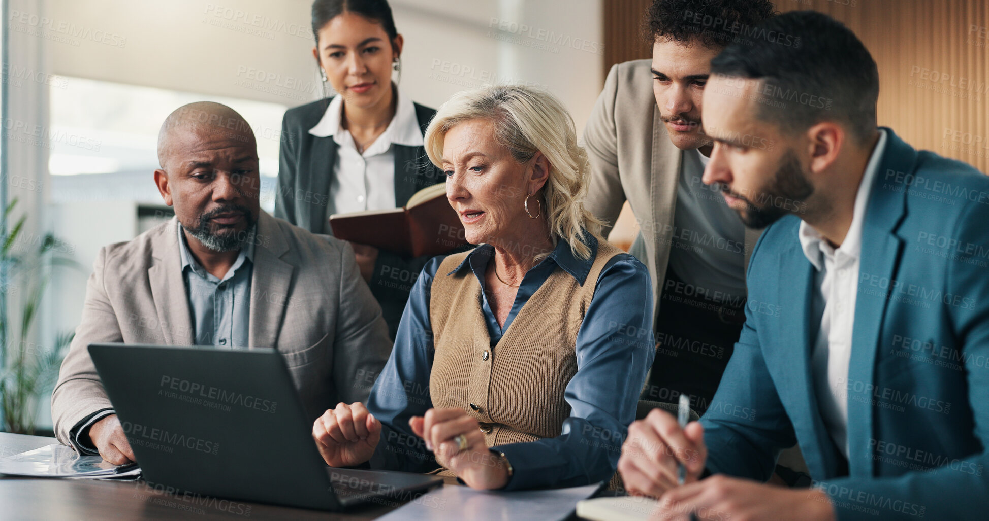 Buy stock photo Laptop, group and business people in discussion, financial evaluation and risk assessment in office. Team, computer and collaboration with investment planning, problem solving or project notes