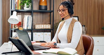 Buy stock photo Headset, laptop and woman in office for call center, crm or online consultation with contact us. Mic, computer and female virtual assistant with query for customer service, help desk or support.