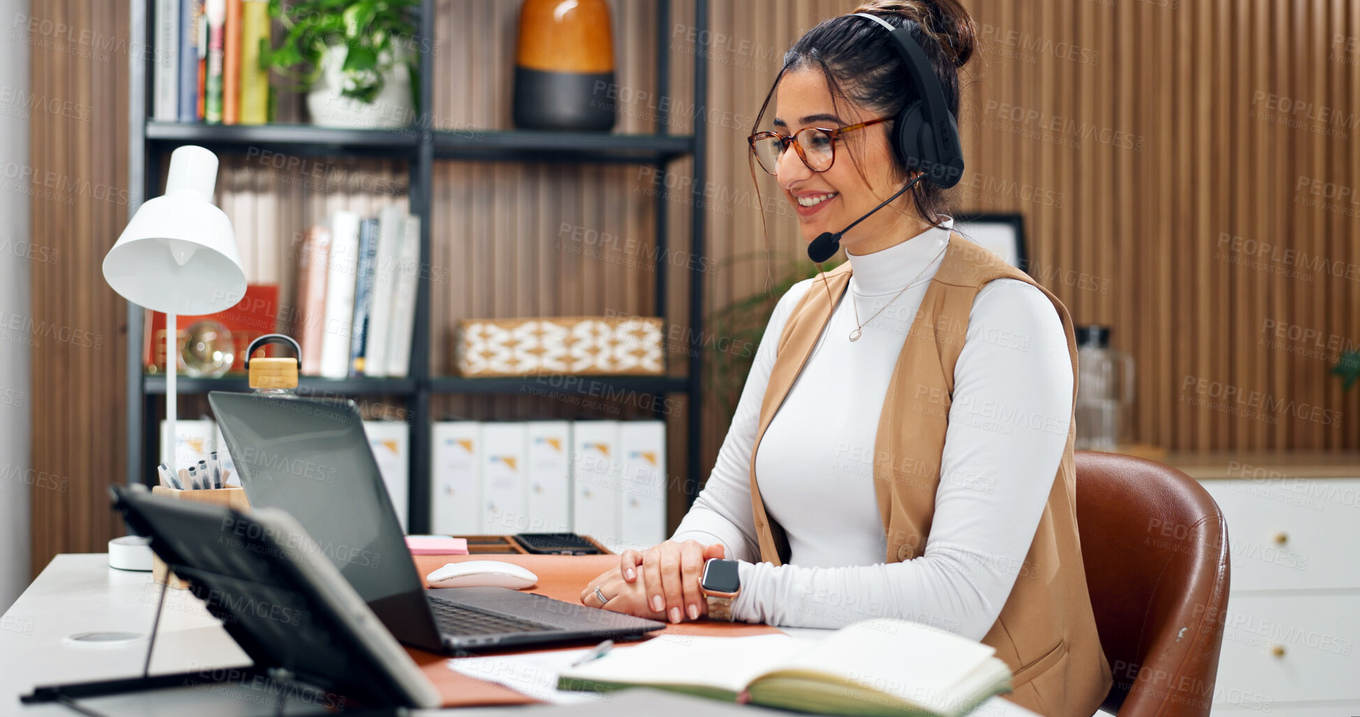 Buy stock photo Headset, laptop and woman in office for call center, crm or online consultation with contact us. Mic, computer and female virtual assistant with query for customer service, help desk or support.