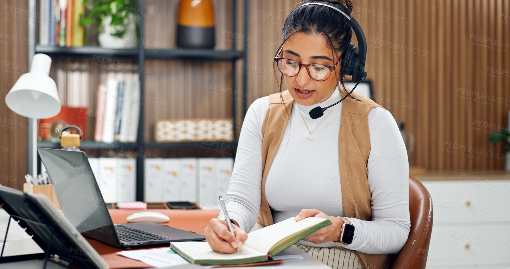 Buy stock photo Headset, notebook and woman in office for call center, crm or online consultation with contact us. Writing, laptop and female virtual assistant with query for customer service, help desk or support