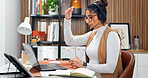 Headset, talking and woman with laptop in office for call center, crm or online consultation. Mic, explaining and virtual assistant on computer with query for customer service, help desk or support.