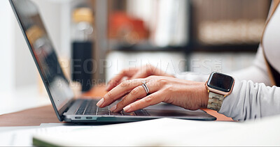 Buy stock photo Laptop, hands and woman typing, remote work project or software development with online update. Computer, freelancer and person in home office for programming, web design and internet research