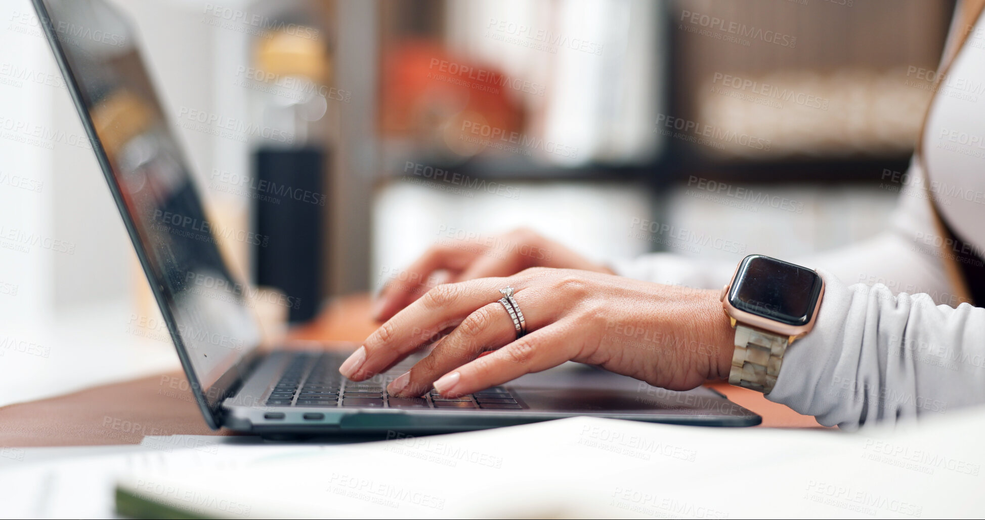 Buy stock photo Laptop, hands and woman typing, remote work project or software development with online update. Computer, freelancer and person in home office for programming, web design and internet research
