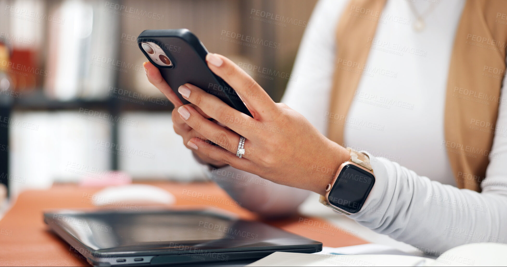 Buy stock photo Typing, online and hands with phone in home office, networking or communication with contact on web. Freelancer, message and texting with mobile, internet connection and woman with tech in house