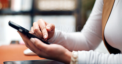 Buy stock photo Scroll, online and hands with phone in home office, networking or communication with contact on web. Freelancer, message and texting with mobile, internet connection and woman with tech in house