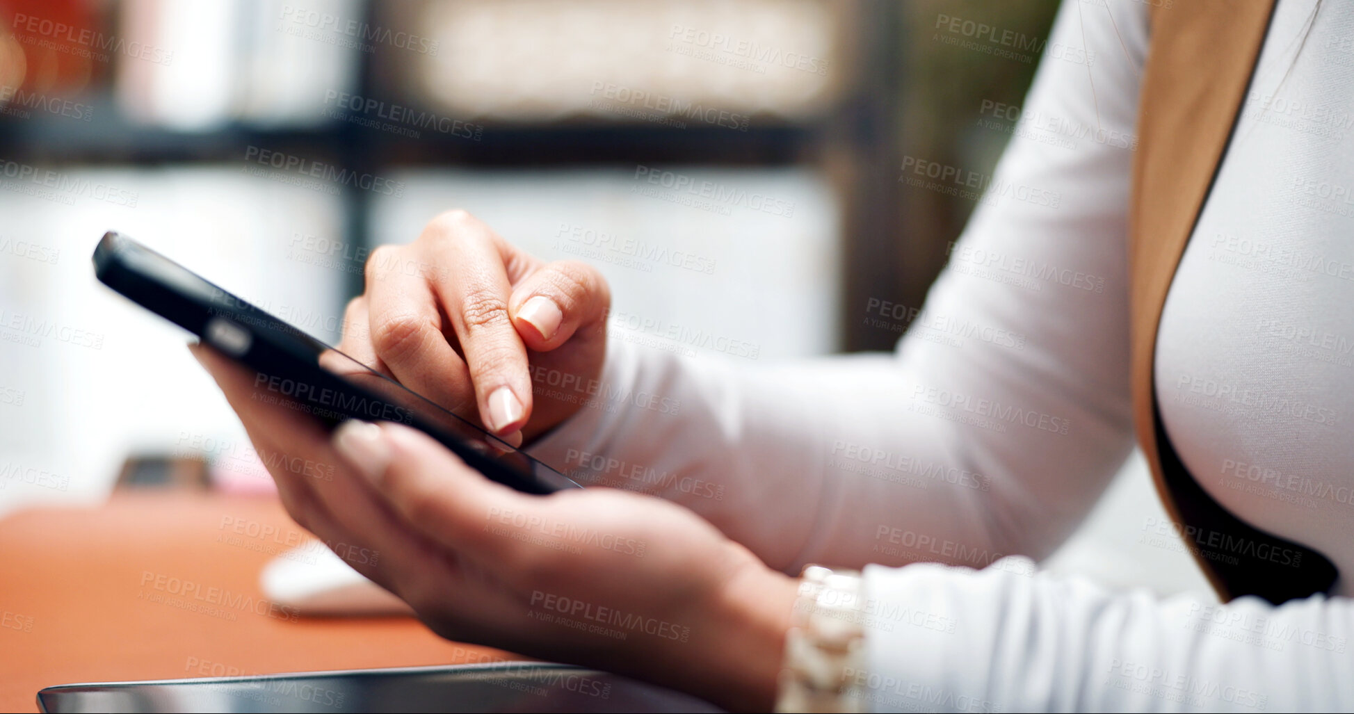 Buy stock photo Scroll, online and hands with phone in home office, networking or communication with contact on web. Freelancer, message and texting with mobile, internet connection and woman with tech in house