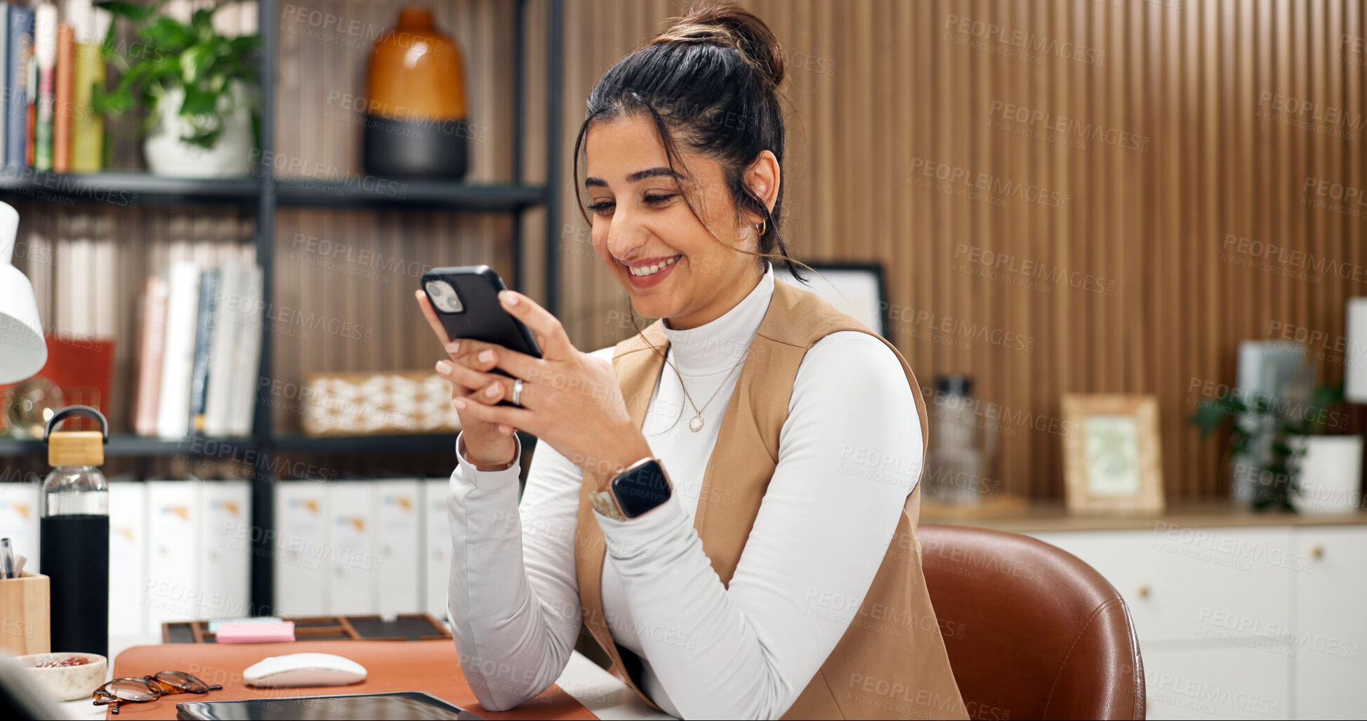 Buy stock photo Texting, online and happy woman with phone in home office, networking or communication with contact. Freelancer, message and chatting with mobile, internet connection and person with tech in house