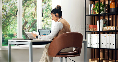 Buy stock photo Woman, document and remote work in home with laptop, data analysis or finance report for audit. Person, freelancer or contract at house with pc screen, information and financial graph for company kpi