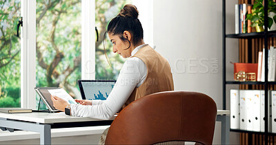 Buy stock photo Woman, document and remote work at house with laptop, data analysis or finance report for audit. Person, freelancer or contract in home with pc screen, information and financial graph for company kpi