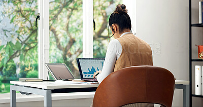 Buy stock photo Woman, reading and remote work in home with laptop screen, data analysis and finance report for audit. Person, freelancer and typing at house with pc, graph metrics and financial stats of company kpi