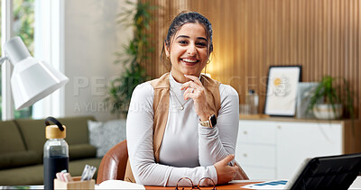 Buy stock photo Creative, portrait and woman in home office with tech for social media, talent agent and about us. Freelancer, influencer marketing and person with career growth for pride, confidence or ad campaign