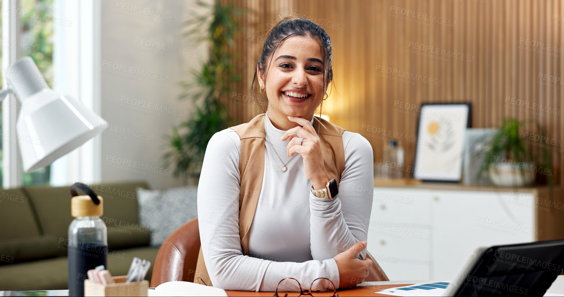 Buy stock photo Creative, portrait and woman in home office with tech for social media, talent agent and about us. Freelancer, influencer marketing and person with career growth for pride, confidence or ad campaign