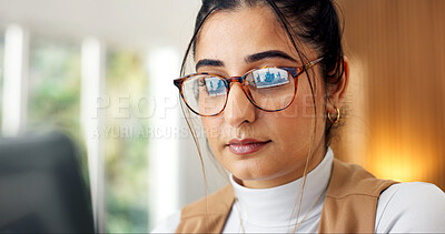 Buy stock photo Woman, graphs and remote work in home with laptop, data analysis and finance report for audit. Person, freelancer and glasses reflection at house with tech, metrics and financial stats of company kpi