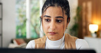 Serious, online and woman with laptop in home office, digital marketing or planning for ad campaign. Freelancer, remote work and person with research, reading and brand awareness with tech in house