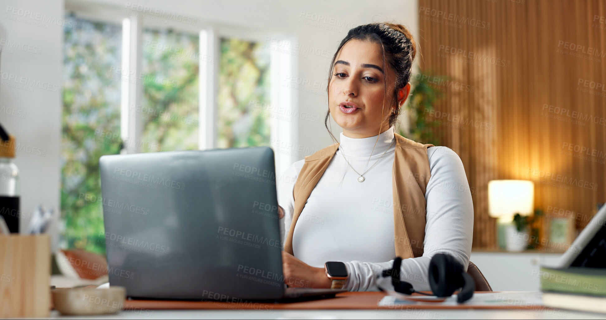 Buy stock photo Freelancer, video call and woman with laptop in home office, virtual assistant and discussion on web. Remote work, consultation and person with tech, online meeting and communication with contact