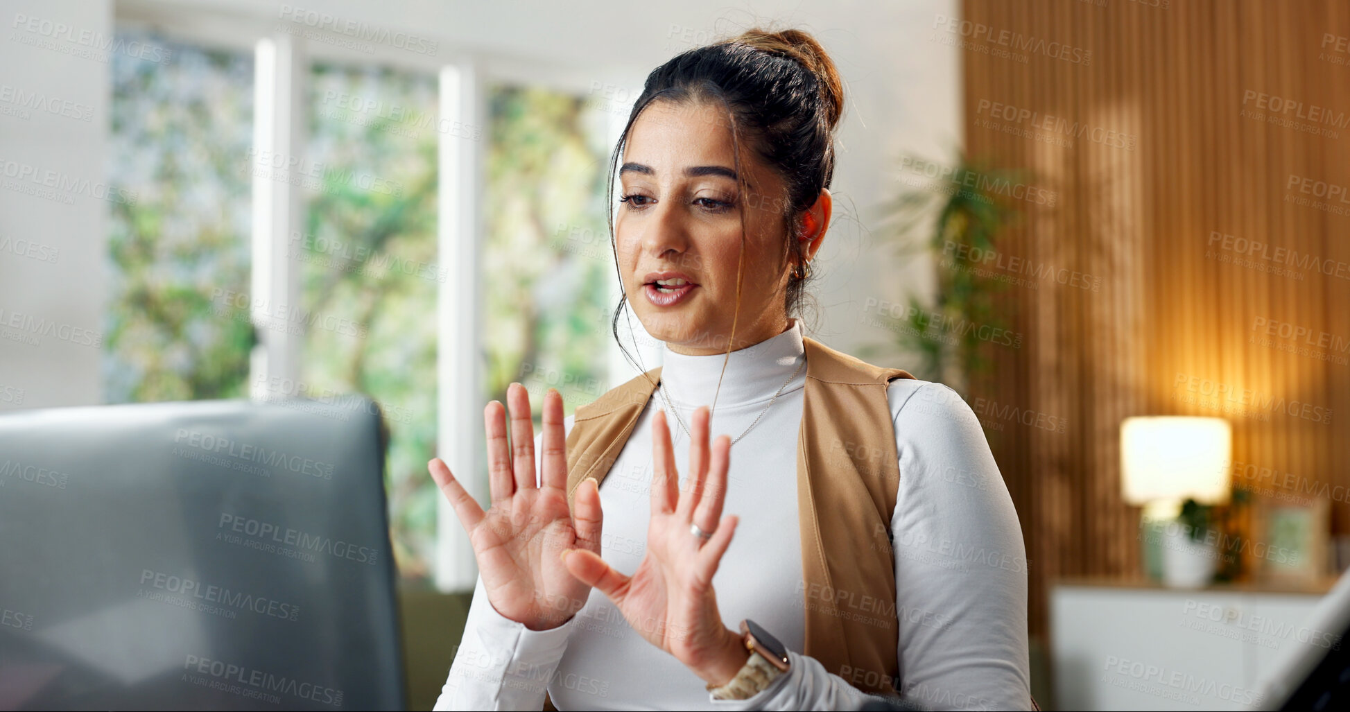 Buy stock photo Remote work, video call and woman with laptop in home office, virtual assistant or discussion on web. Freelancer, consultation and person with tech, online meeting and communication with contact