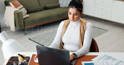 Buy stock photo Laptop, woman and reading in home office, freelancer or review proposal for accounting budget. Computer, remote work and person at house for financial taxes, expense evaluation or bookkeeping report
