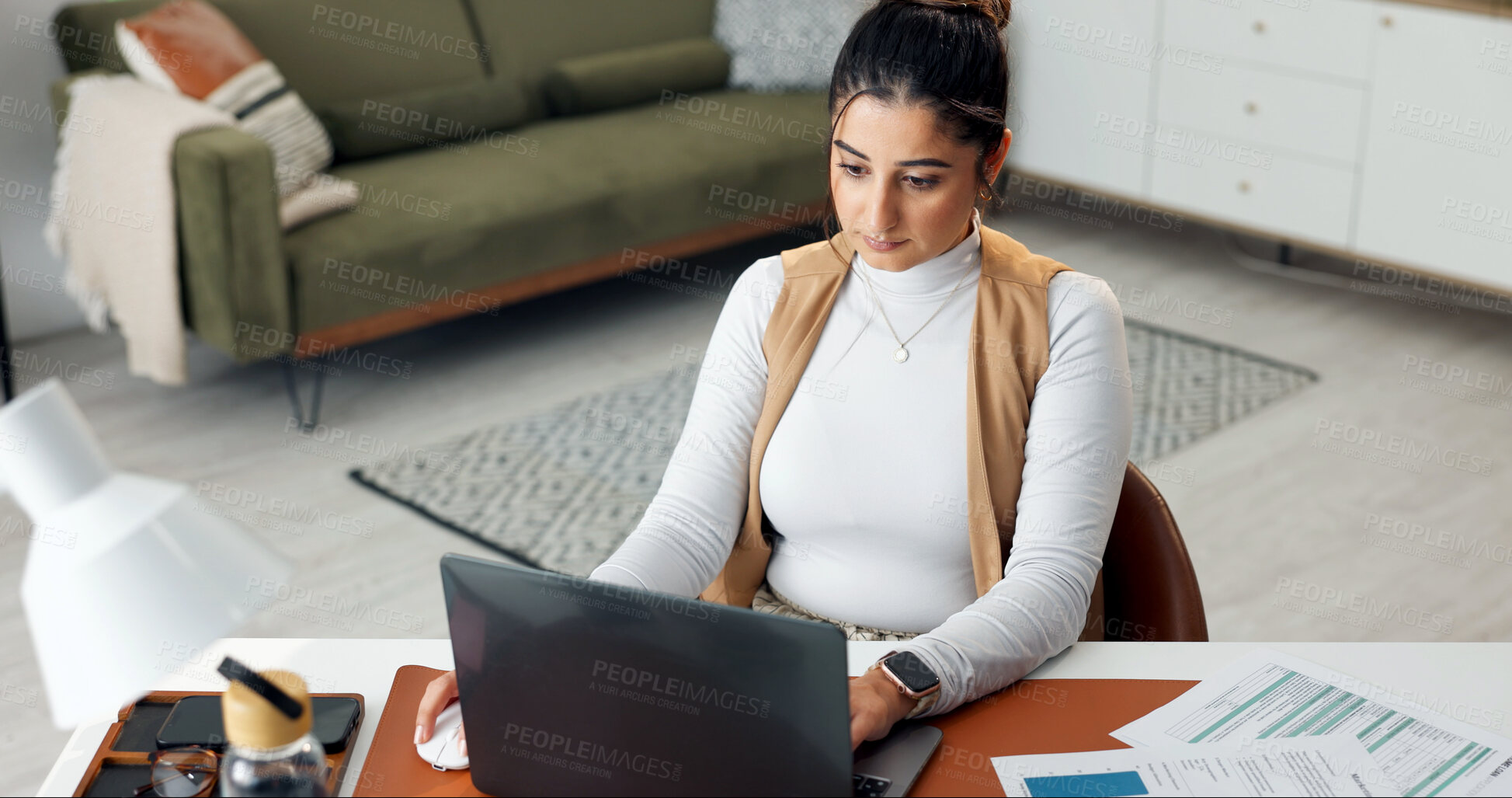 Buy stock photo Laptop, woman and reading in home office, freelancer or review proposal for accounting budget. Computer, remote work and person at house for financial taxes, expense evaluation or bookkeeping report