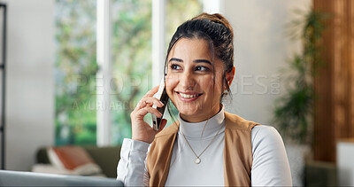 Buy stock photo Smile, phone call and woman in home office with laptop for social media, talent agent and communication. Freelancer, influencer marketing and person with tech for design, conversation or ad campaign
