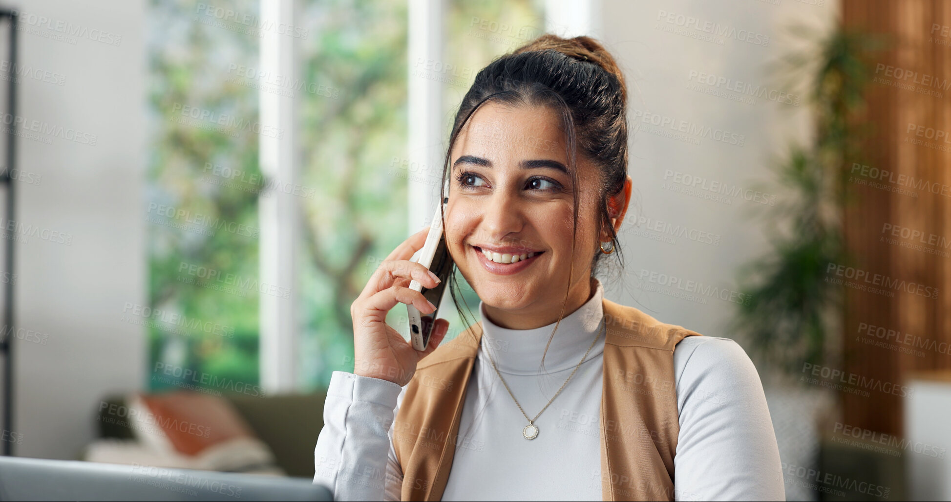 Buy stock photo Smile, phone call and woman in home office with laptop for social media, talent agent and communication. Freelancer, influencer marketing and person with tech for design, conversation or ad campaign