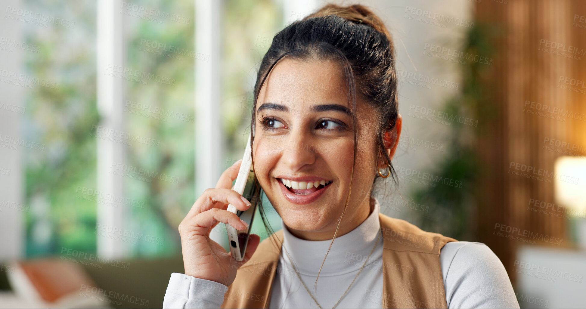 Buy stock photo Talk, woman and phone call in home office with smile for social media, talent agent and communication. Freelancer, influencer marketing and person with tech for conversation, campaign or remote work