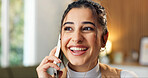 Happy, woman and phone call in home with smile for social media, talent agent or communication. Freelancer, influencer marketing and person with tech for design, conversation or ad campaign in house