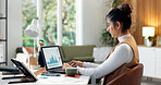 Woman, graphs and freelancer in home with laptop screen, data analysis and finance report for audit. Person, remote work and typing at house with pc, graph metrics and financial stats of company kpi