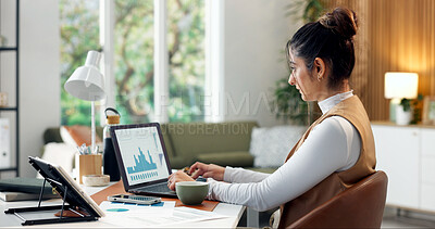 Buy stock photo Woman, graphs and freelancer in home with laptop screen, data analysis and finance report for audit. Person, remote work and typing at house with pc, graph metrics and financial stats of company kpi