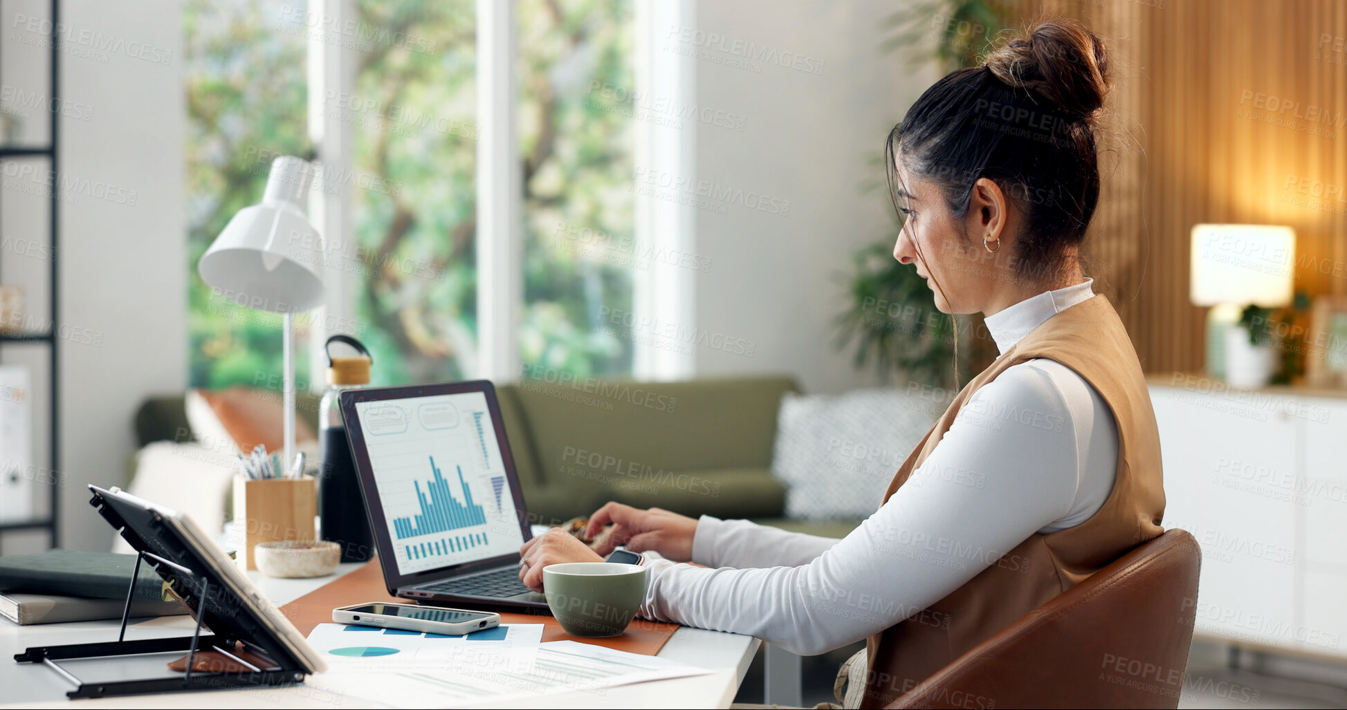 Buy stock photo Woman, graphs and freelancer in home with laptop screen, data analysis and finance report for audit. Person, remote work and typing at house with pc, graph metrics and financial stats of company kpi
