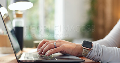 Buy stock photo Laptop, hands and person typing, remote work project or software development with online update. Computer, freelancer and woman in home office for programming, web design and internet research