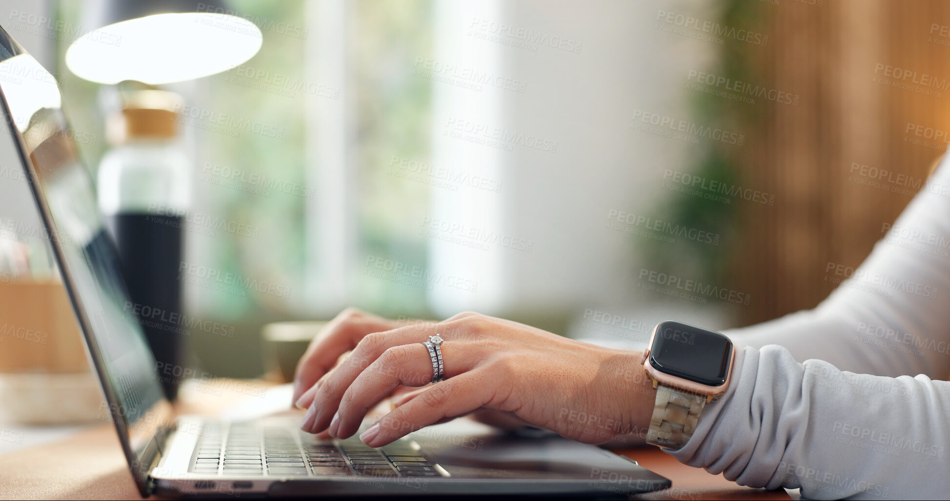 Buy stock photo Laptop, hands and person typing, remote work project or software development with online update. Computer, freelancer and woman in home office for programming, web design and internet research