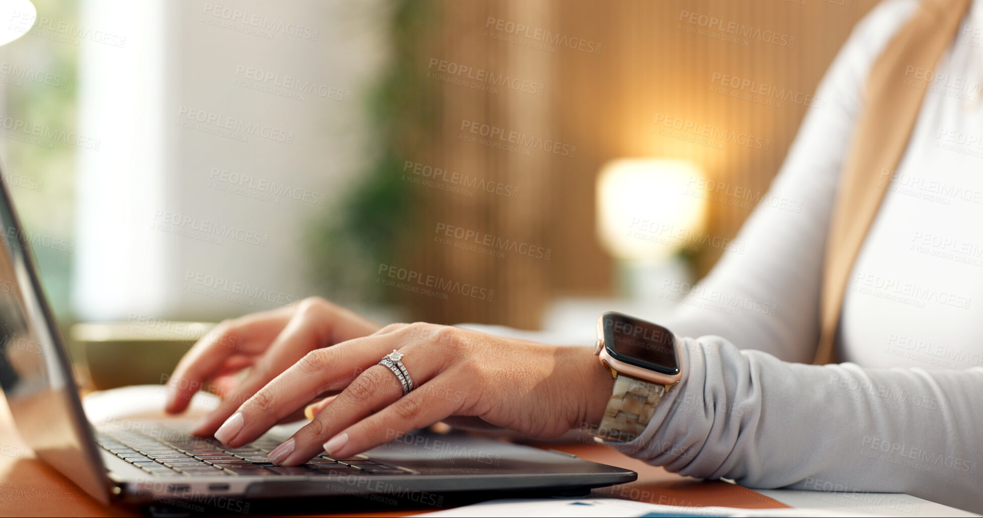 Buy stock photo Laptop, hands and person typing, freelancer or software development with online update. Computer, remote work project and woman in home office for programming, web design and internet research