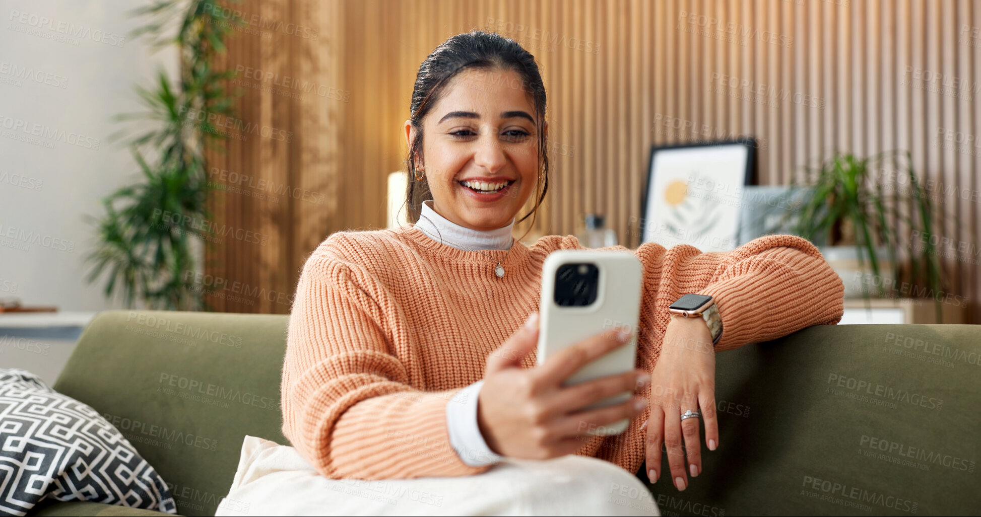 Buy stock photo Video call, happy or woman on sofa with phone, online chat or communication on dating site. Smile, digital or person in home with tech, virtual conversation or connection on matchmaking platform.