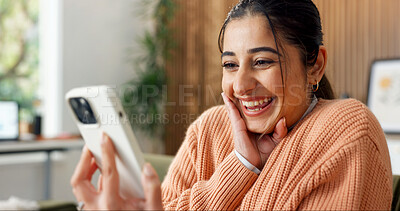 Buy stock photo Phone, excited and woman in home with good news, lottery winner or notification of betting app. Mobile, house and happy person with success, social media giveaway and reading message for achievement