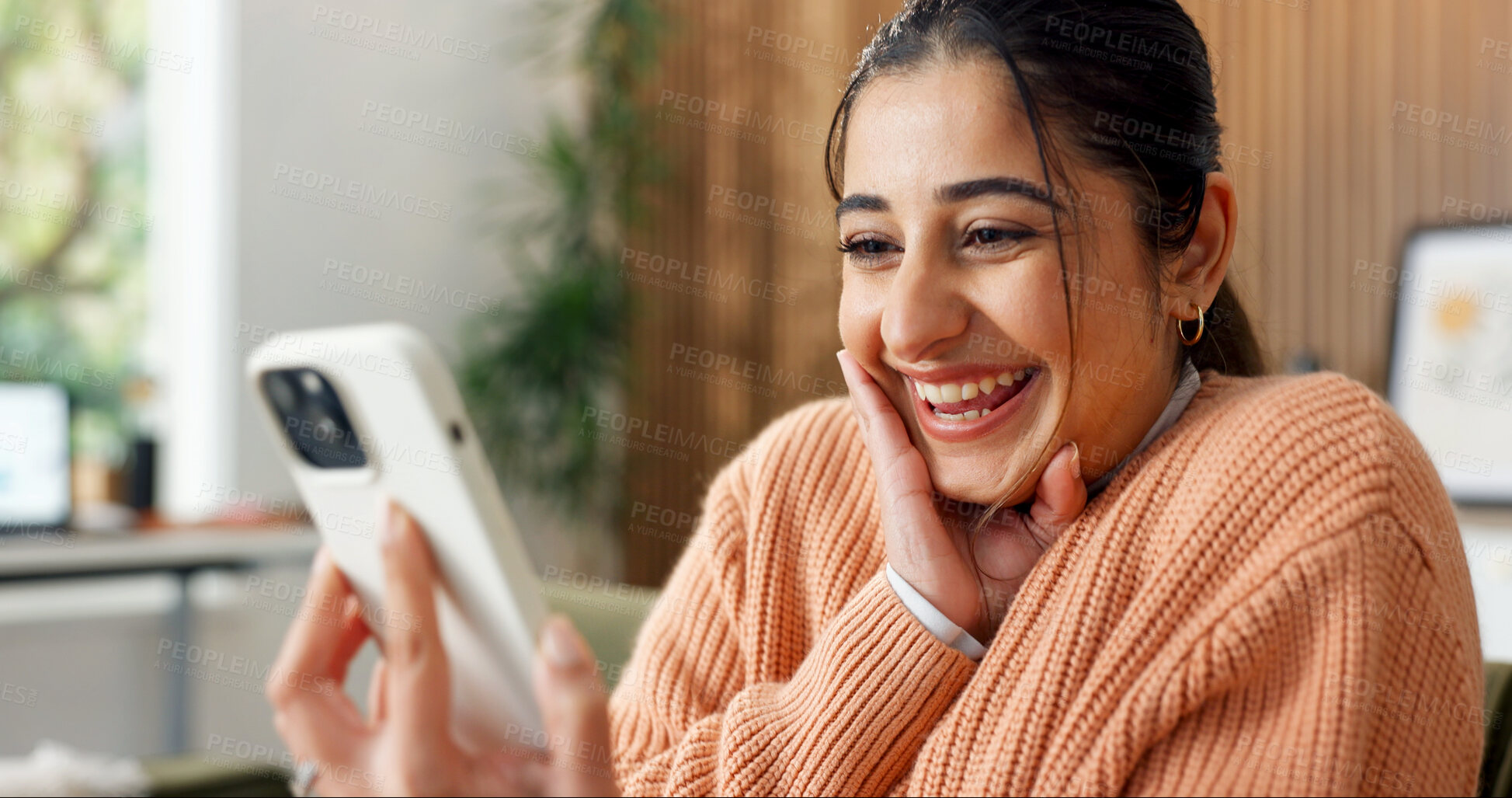 Buy stock photo Phone, excited and woman in home with good news, lottery winner or notification of betting app. Mobile, house and happy person with success, social media giveaway and reading message for achievement