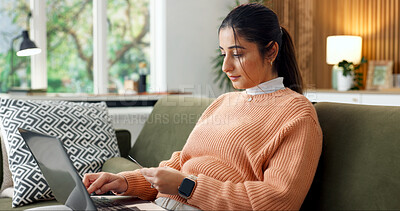 Buy stock photo Laptop, woman and credit card in home for budget, internet banking or investment in living room. Sofa, debit and person with computer for payment, online shopping or money transfer to savings account