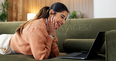 Buy stock photo Smile, relax and woman at house with laptop, social media and streaming movies on website. Happy, female person and laugh in home with tech, comedy video and download film for weekend break in lounge