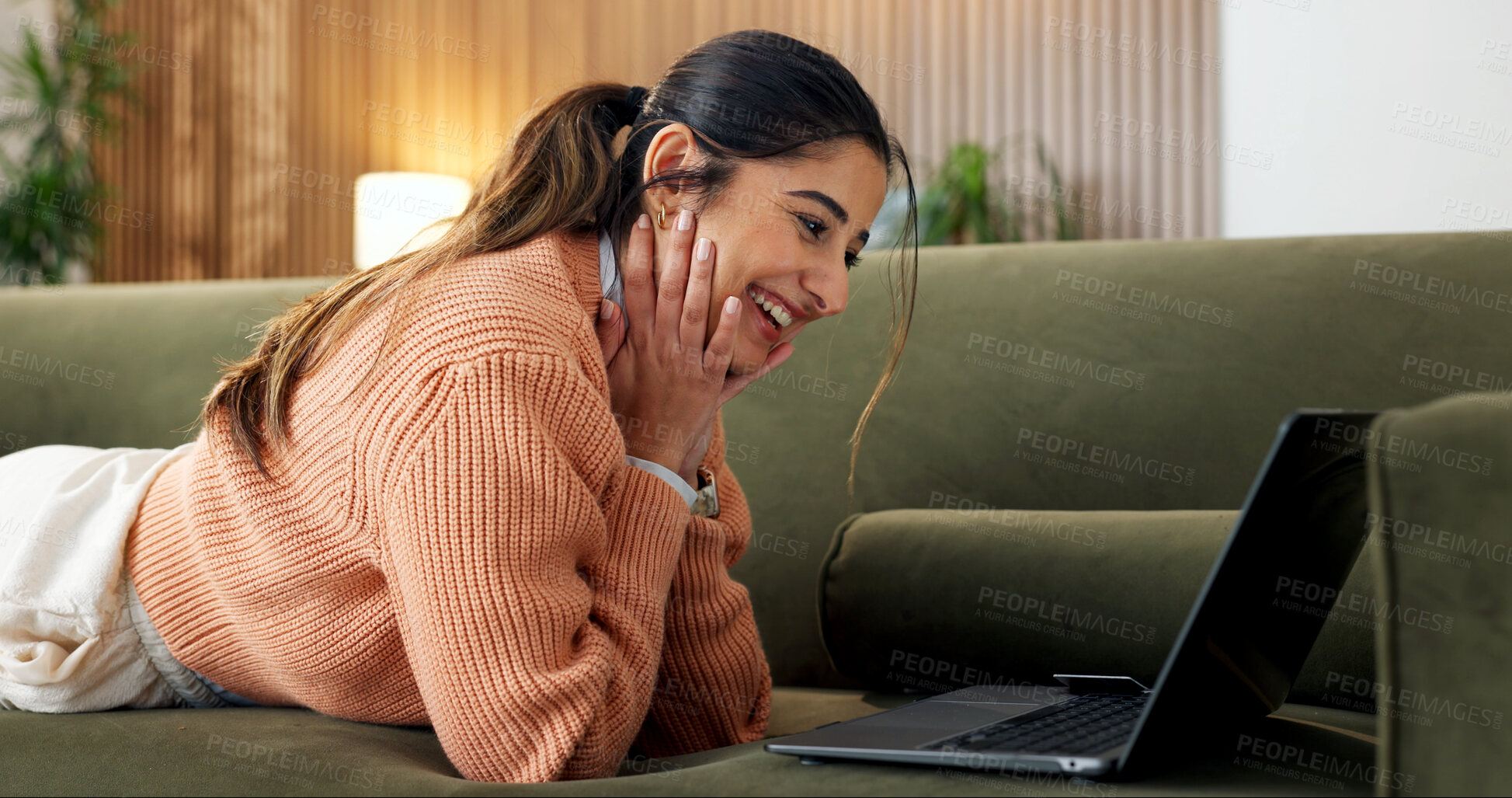 Buy stock photo Smile, relax and woman at house with laptop, social media and streaming movies on website. Happy, female person and laugh in home with tech, comedy video and download film for weekend break in lounge