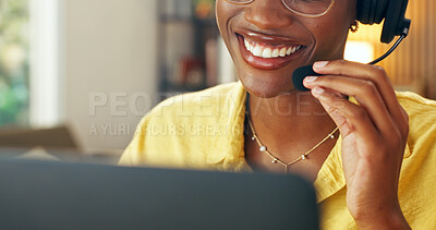 Buy stock photo Call center, laptop and mouth in home office with headset, helpline or crm service in remote work. Smile, woman or  freelancer in house with microphone, online inquiry or feedback in customer support