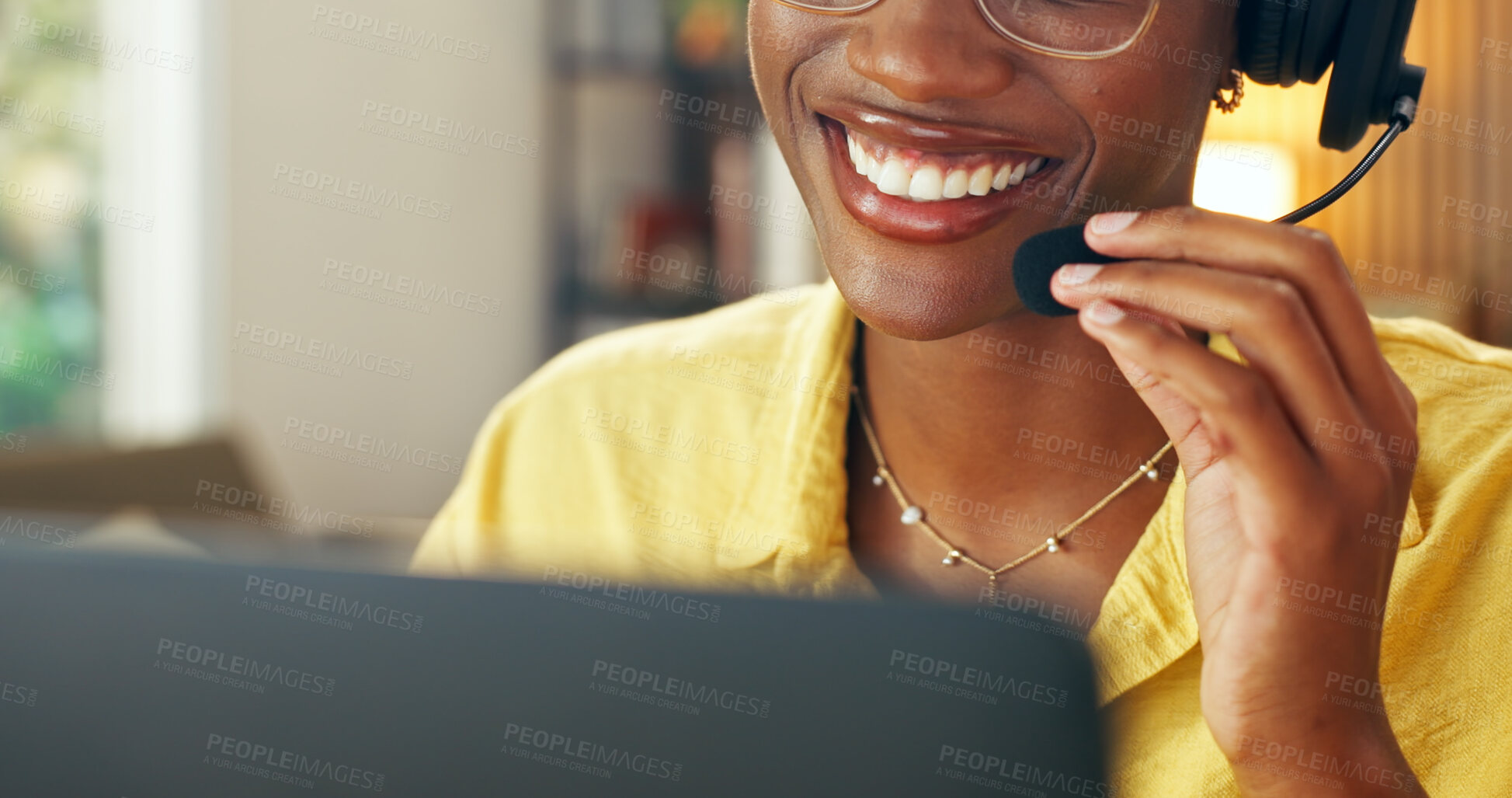 Buy stock photo Call center, laptop and mouth in home office with headset, helpline or crm service in remote work. Smile, woman or  freelancer in house with microphone, online inquiry or feedback in customer support