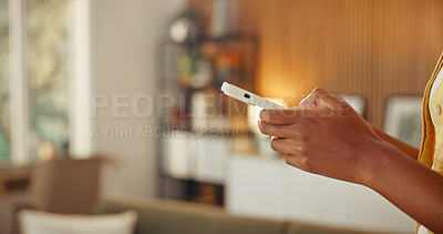 Buy stock photo Digital, message and hands in home with phone, online communication and post reaction on social media. Typing, space and person in house with technology, texting update or chatting on mobile app.