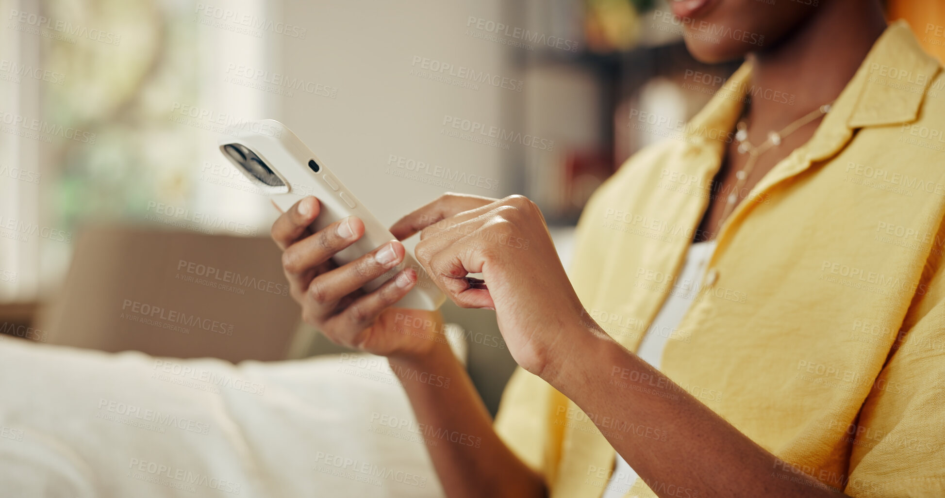 Buy stock photo Digital, text message and hands on couch with phone, online chat and post reaction on social media. Typing, contact and woman in house with tech, network notification or communication on mobile app.